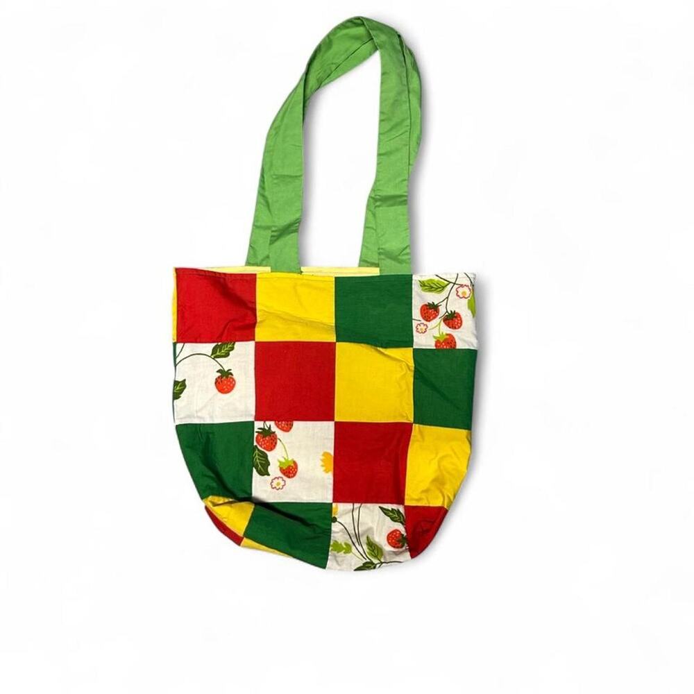 Handmade vintage strawberry patchwork quilt 14 x 14 x 8 small tote bag